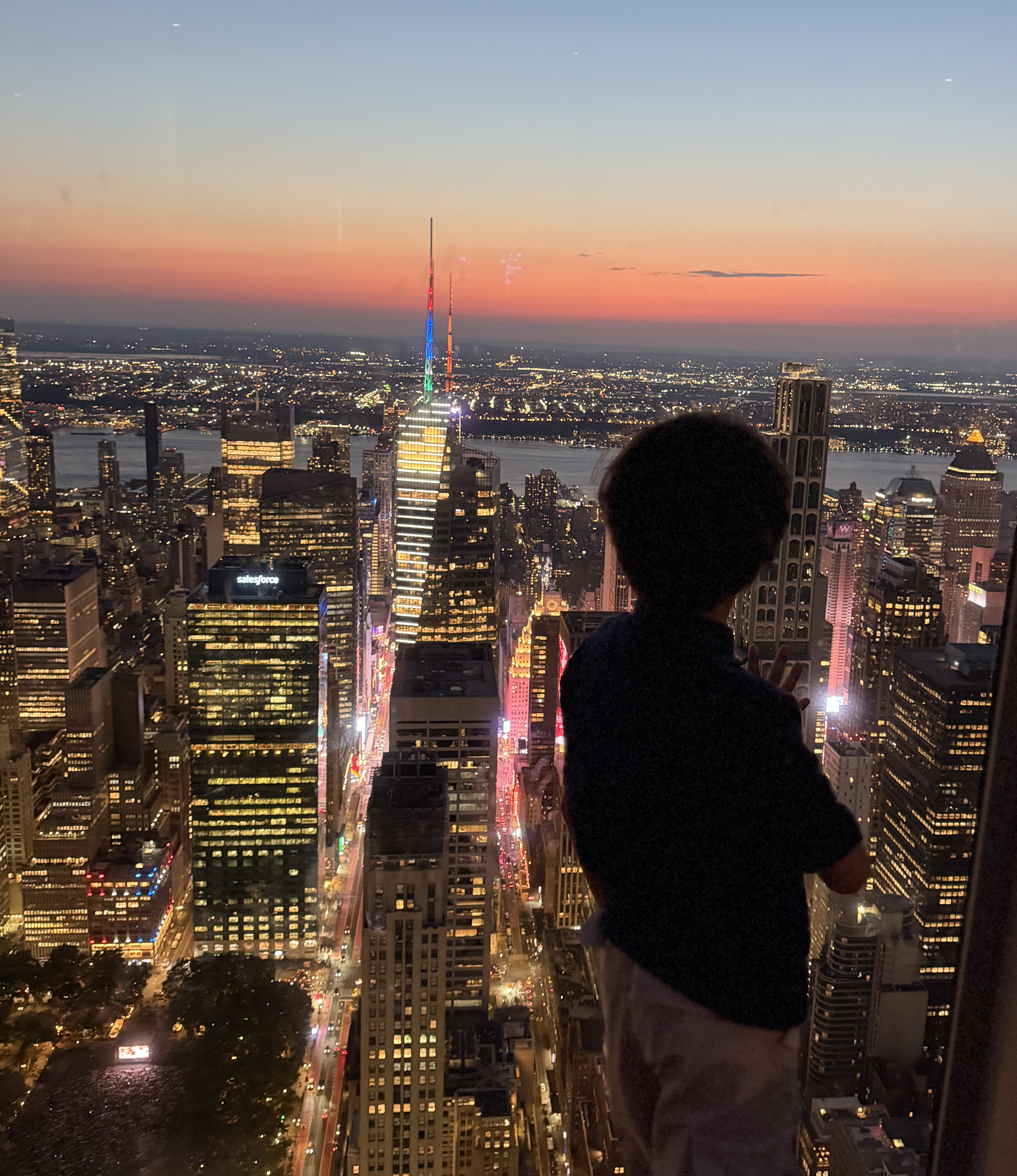 Aarjav looking out over New York City at sunset